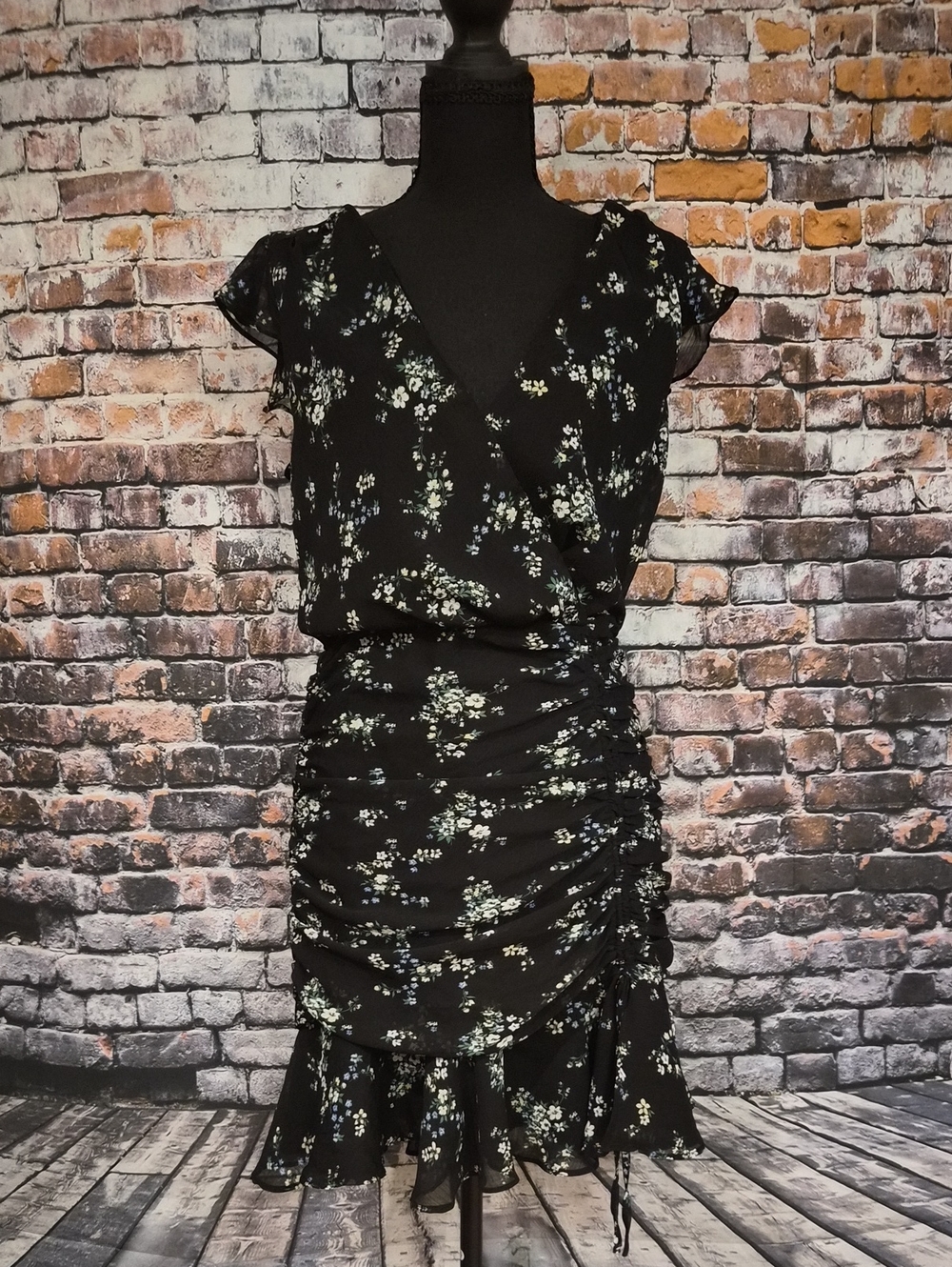 Banana Republic Black Floral Ruched Mini Dress